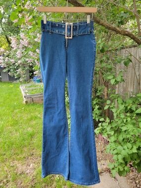 New Dark Blue Y2k High-Waist Flared Women's Jeans with Belt